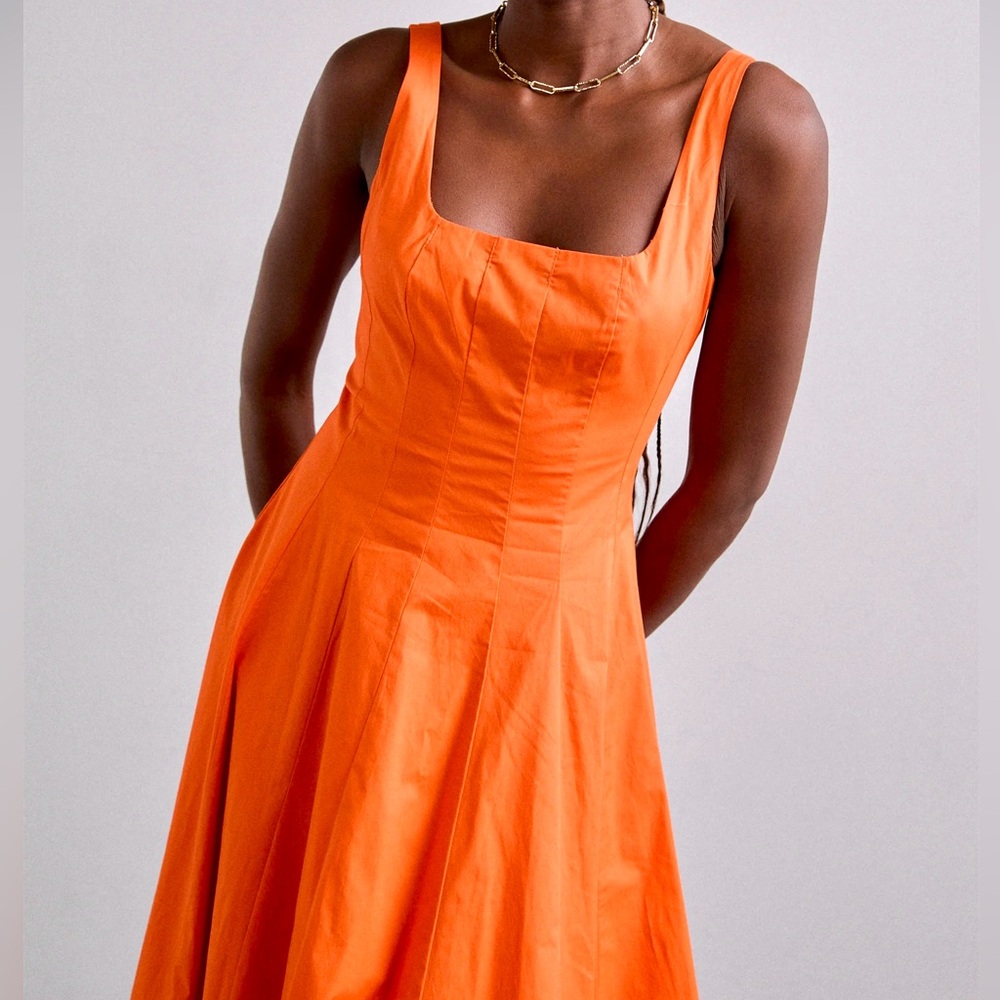 🌺🎉HP🎉🌺 NWT Staud Wells Midi Dress Tangerine - Picture 3 of 14